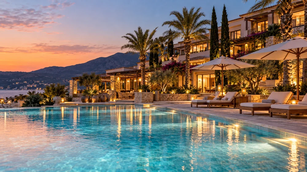 Resort pool with sun loungers