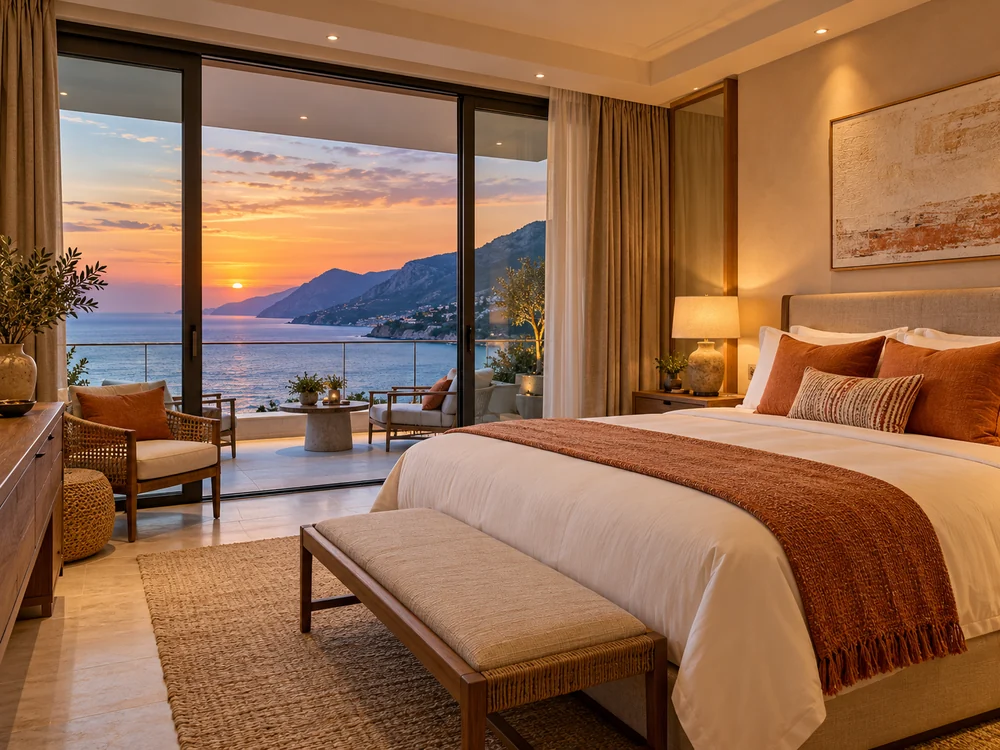 Hotel room with sea view at sunset